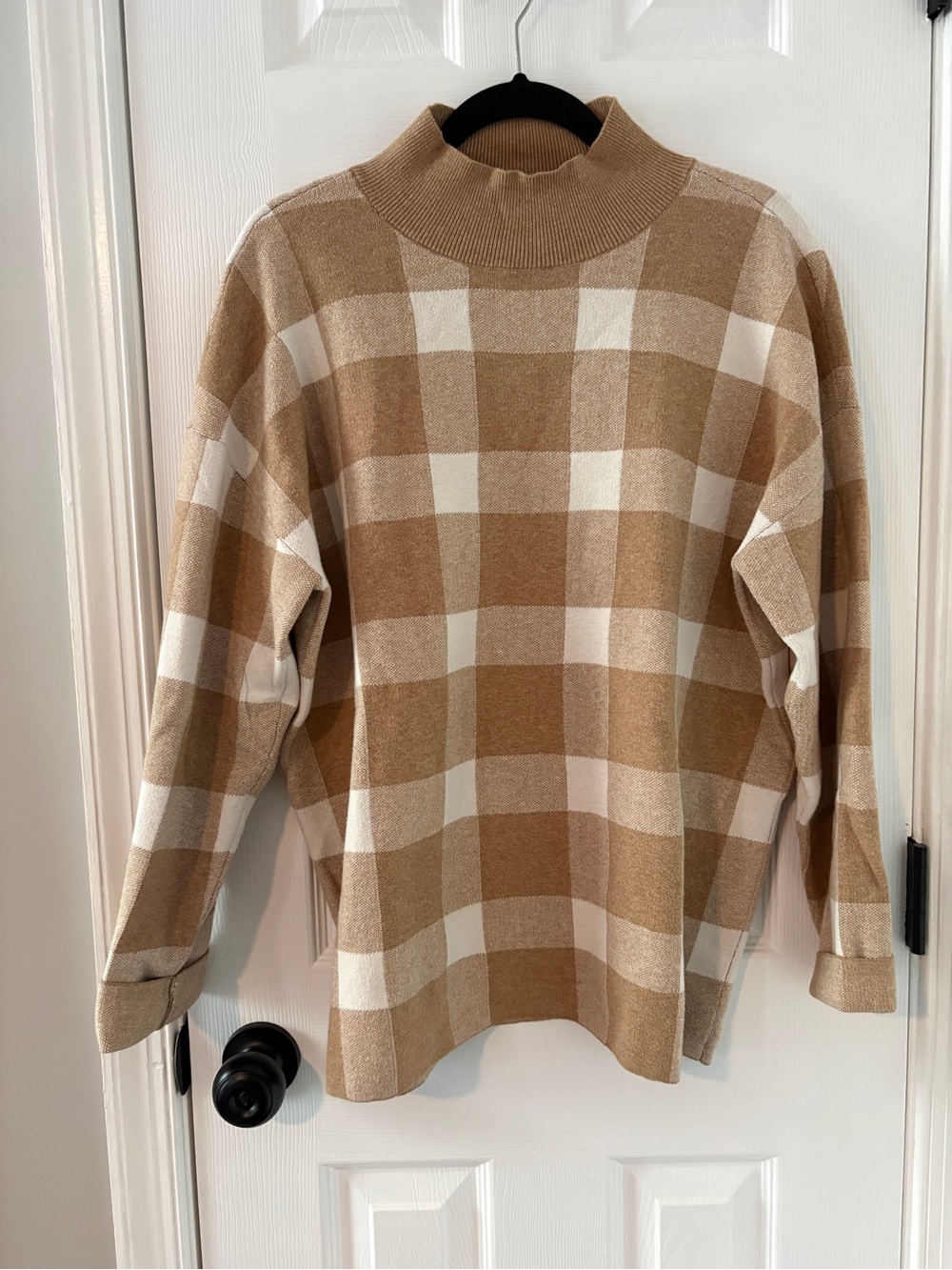LOFT Plaid Mock Neck Sweater - Cream & Tan